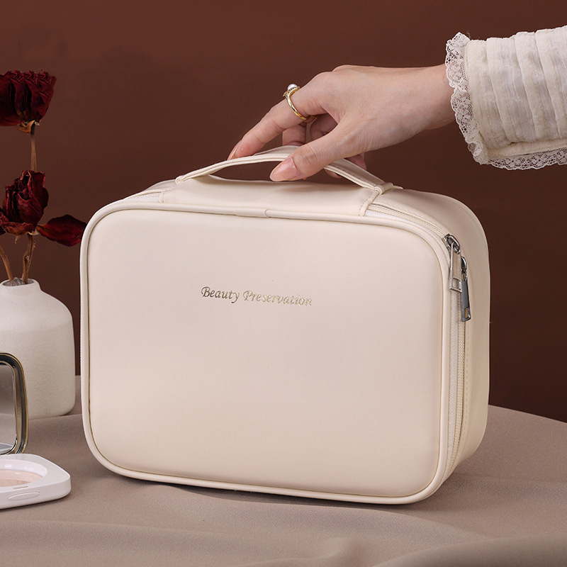 Bolsa de maquillaje de gran capacidad de PU, organizador de viaje portátil, bolsa de almacenamiento de cosméticos, bolsa de doble capa de lujo para mujer