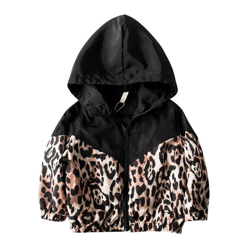 I bambini Del Bambino Delle Ragazze del Rivestimento Della Stampa Del Leopardo Della Rappezzatura Con Cappuccio Della Chiusura Lampo casual Cappotto di Autunno Outwear 1-7T