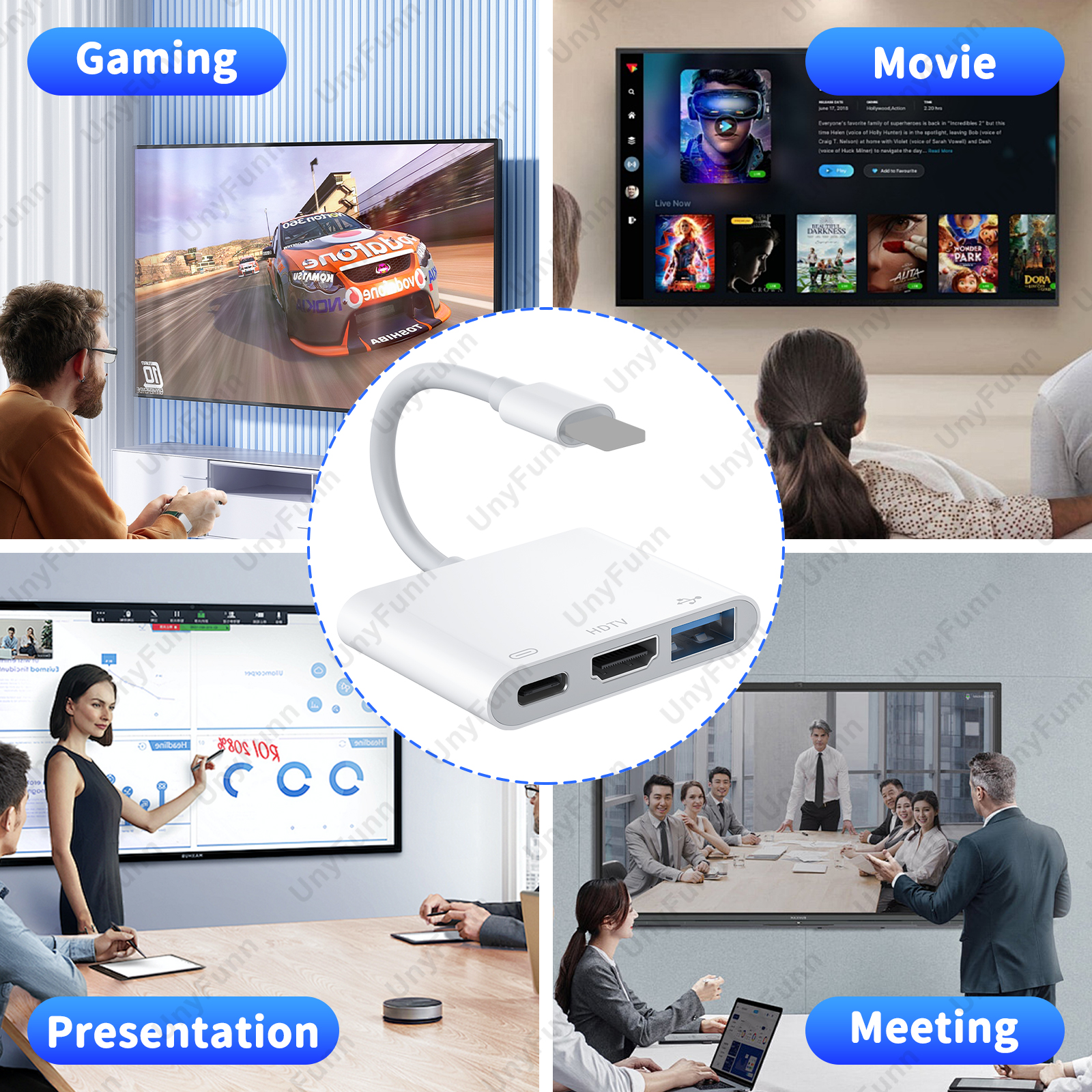 Adapter 3w1 HDTV do iPhone'a z portem ładowania Adapter iPhone do HDTV OTG do monitora TV Projektor Napęd USB Klawiatura MIDI Mysz