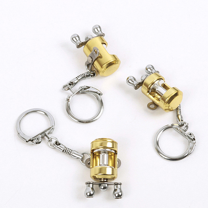 Phantasie & Fantasy Fisch Rad keychain Gold Farbe Fly Fisherman Spinning Angeln Reel Charactor Miniatur Schlüssel kette Mit Schlüssel Ring