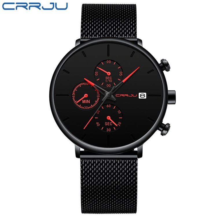 Crrju ur herre vandtæt slim mesh rem minimalistiske armbåndsure til mænd quartz sportsur ur relogio masculino: 2268- røde