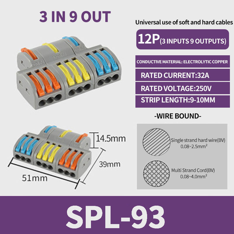 Conector de cableado rápido de salida múltiple, Cable de cableado divisor Universal, bloque de terminales de empuje, cableado rápido Universal SPL 222 23: Castaño / 3P