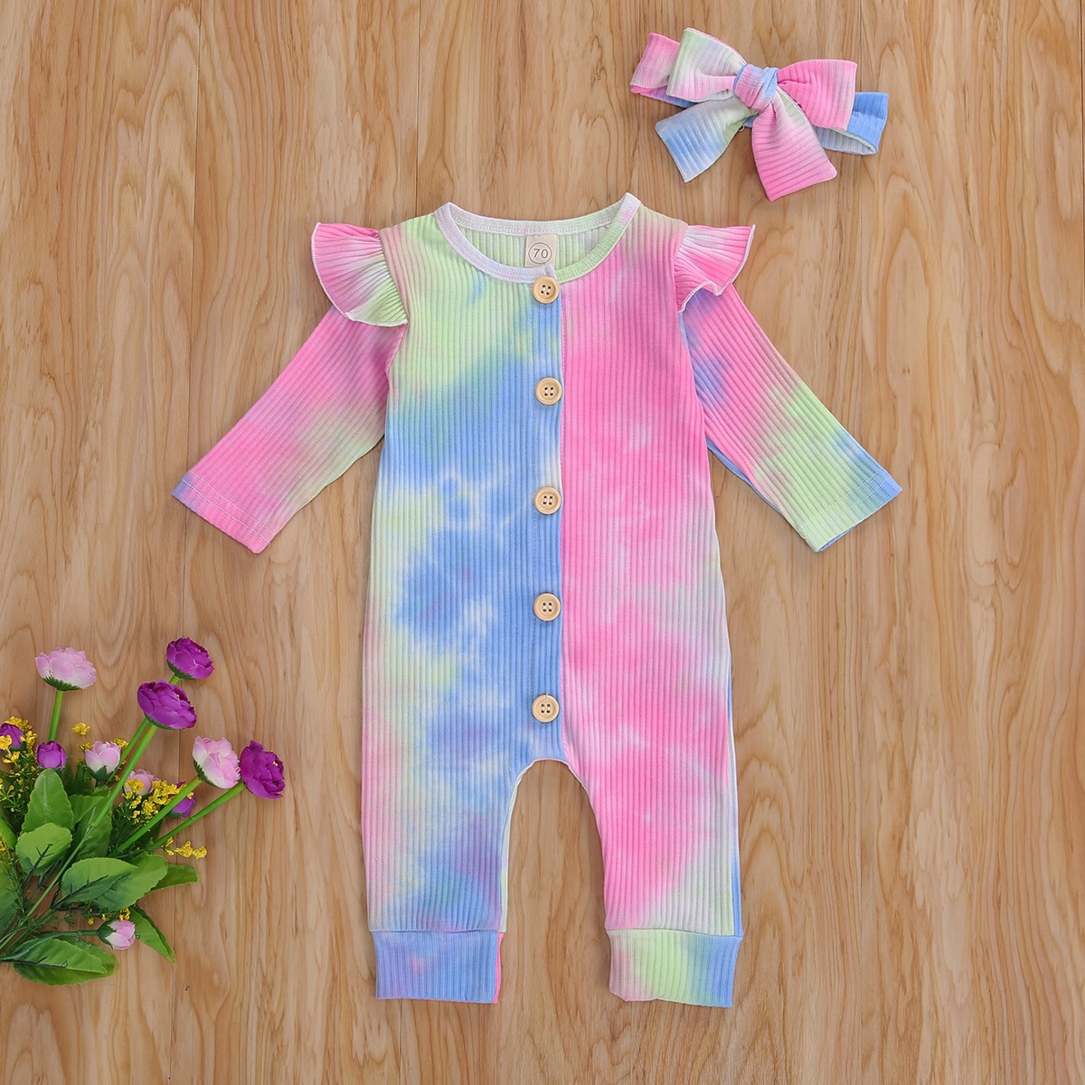Mise au point 0-18M automne bébé filles garçons cravate-teinture barboteuses 2 couleurs à manches longues simple boutonnage combinaisons bandeau