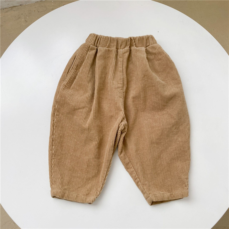 Kinderen Pure Kleur Corduroy Broek Jongens En Meisjes Zachte Losse Comfortabele Radijs Broek: Khaki / 5T