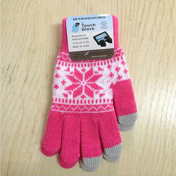 Vinter varm berøringsskærm handsker mænd kvinder uld strikkede handsker slik farve snefnug vanter til mobiltelefon tablet pad: Rosenrød