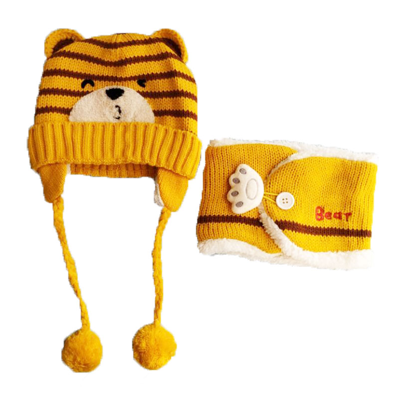Gorro de invierno para niña, conjunto de bufandas para niños, niños, dibujos animados, oso, rayas, gorro de punto, gorro y bufandas con botón, traje cálido: Amarillo