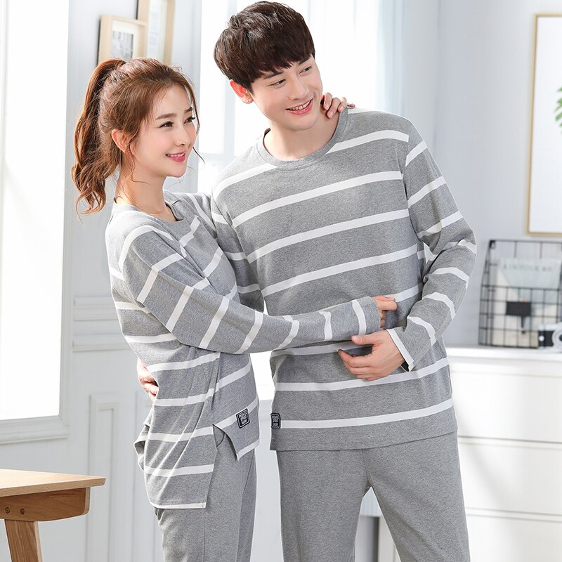 Conjunto de pijamas de pareja para hombre y mujer, ropa de dormir suelta de algodón de de manga larga, para el hogar,