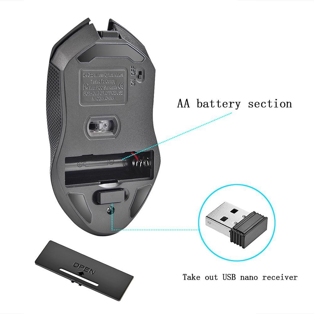 Ratón óptico inalámbrico para juegos, dispositivo con 6 botones, 2400DPI, 2,4G, receptor USB, para PC, ordenador y portátil