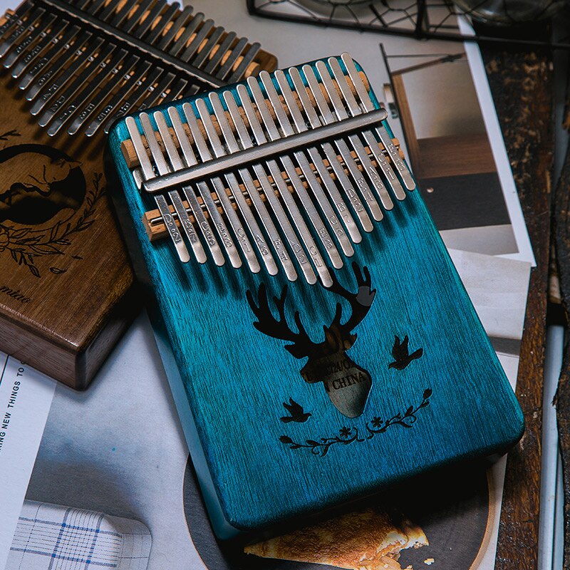 Kalimba 17 Schlüssel Daumen Klavier Mahagoni Afrikanische Sanza Mbira Kalimba Tragbare Braun Hirsch Finger Musik Instrument: Vogel Hirsch-Blau