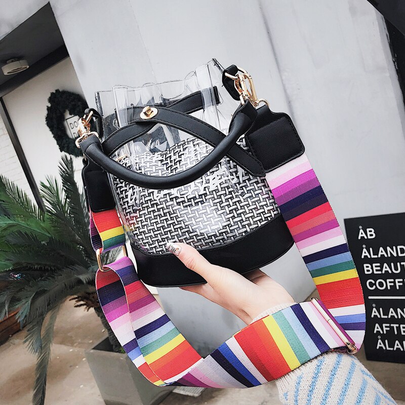 HISUELY Jelly Bag Summer PVC Shoulder Bag Tote Colorful Handle Messenger Chain Plastic Handbag Transparent Bucket Bucket Lock