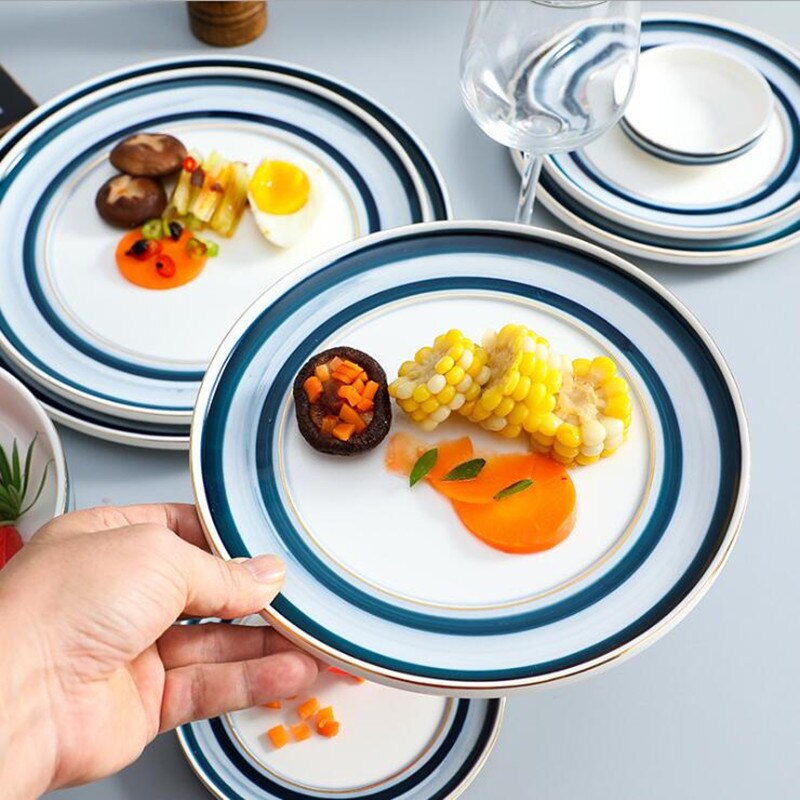 Gilt Rim Blue Gradient Dinner Plate Ceramic Kitchen Plate Tableware Set Food Dishes Rice Salad Noodles Bowl Soup Kitchen Tool