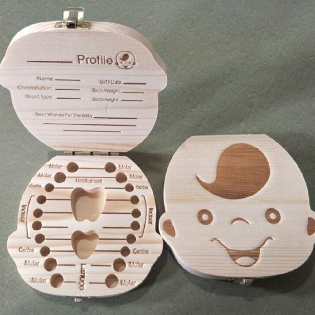 Wooden Baby Kids Tooth Storage Box English Teeth Umbilical Lanugo Organizer Keepsakes Save Baby Wood Tooth Box Storage