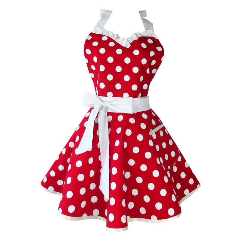 Delantales de cocina Retro rojo encantador para mujer y niña, delantal Vintage de algodón con lunares para salón de cocina, vestido de Navidad: Default Title