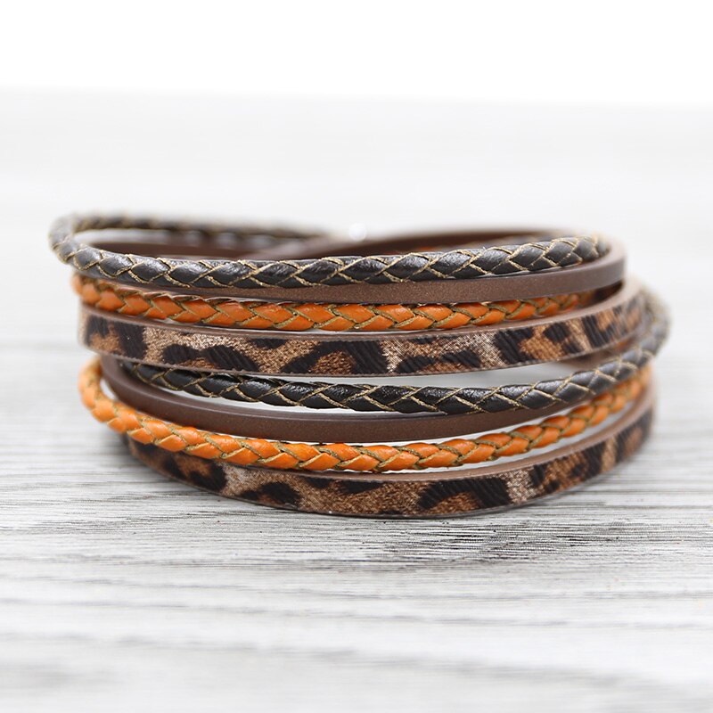 STRATHSPEY-Pulseras envolventes multicapa para mujer, pulsera de cuero con estampado de animales, brazalete Vintage de diamantes de imitación, joyería de cebra: Brown 41.5