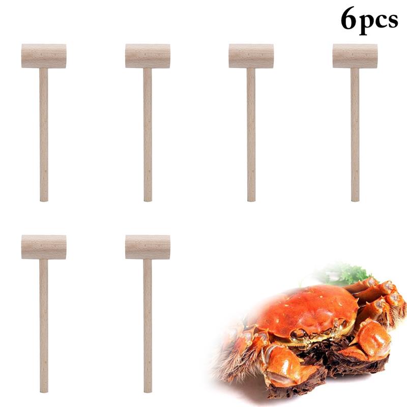 6PCS Crab Hammer Seafood Hammer Knocking Meat Food Small Wooden Hammer Shellfish Hammer Elm Wooden Spoon Wooden Shovel