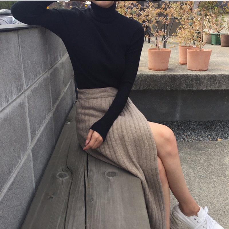 Winter herfst brei rok hoge taille ol lange kokerrok dames open spleet warme dikke gebreide casual vintage maxi rok