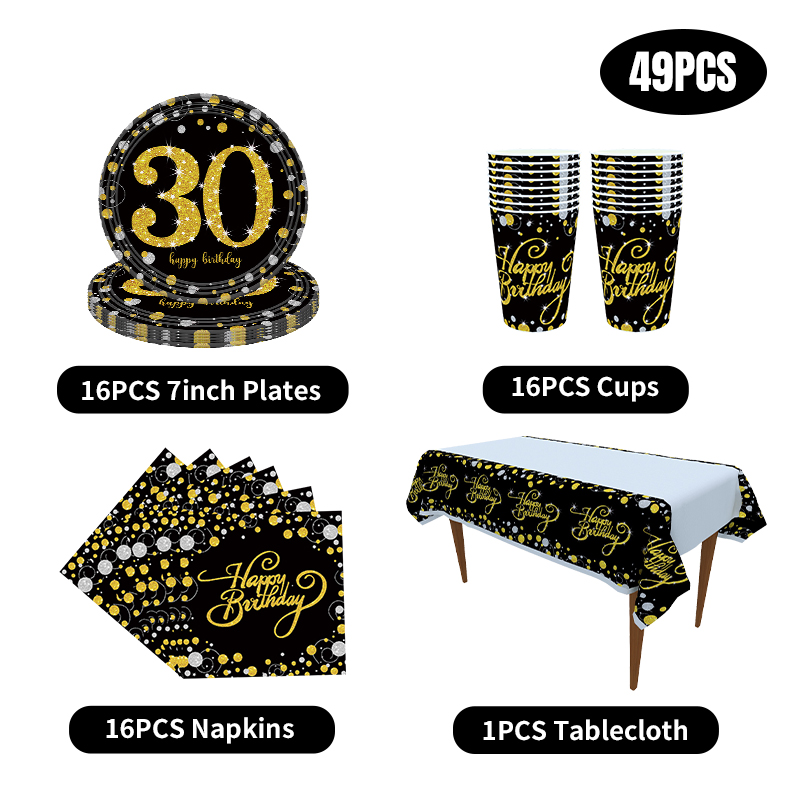 30th 40th 50th bursdagsfestpynt for menn og kvinner svart og gull festutstyr sett servise tallerkener kopper servietter duk