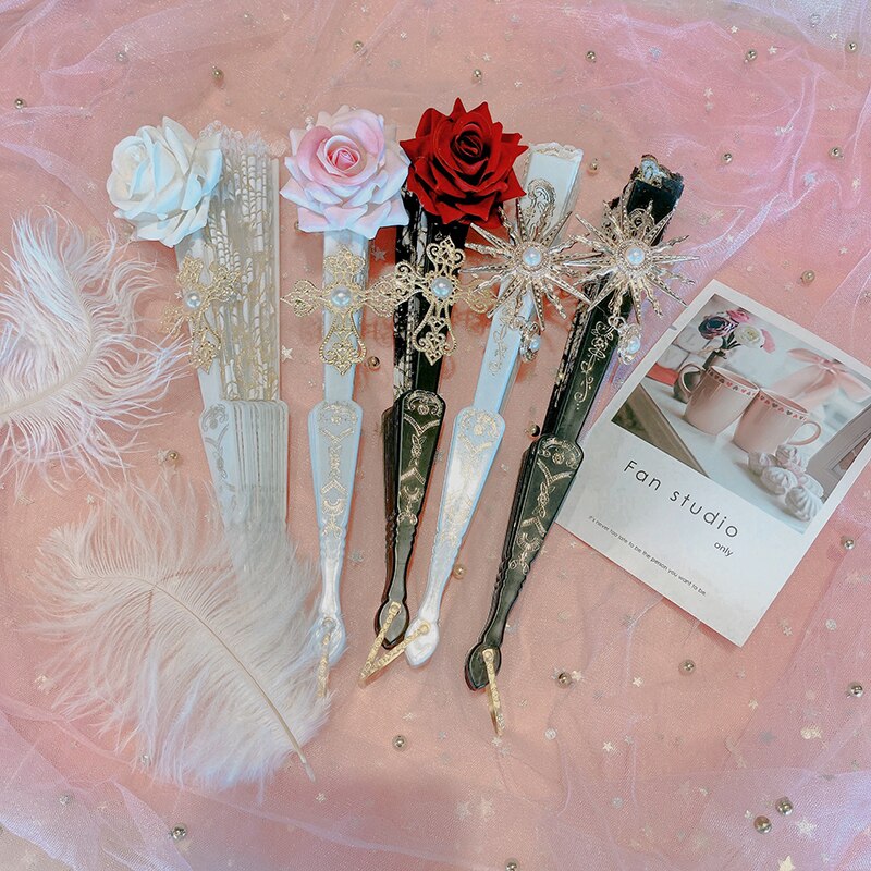Lolita – éventail pliable en dentelle Rose, Style rétro européen, Style gothique foncé, pour danse de cour, , décoration de fête de mariage