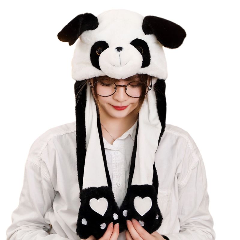 Barn vuxen kort plysch söt 3d tecknad panda djurhatt med rörliga öron dubbla krockkuddar tassar varm öronlock lock leksak fest rekvisita: 3