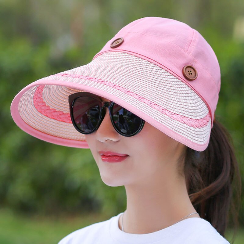 Ymsaid hatte kvinder bred stor skygge floppy sommer strand sol hat stråhat knap kasket sommer hatte kvindelig anti-uv visir cap