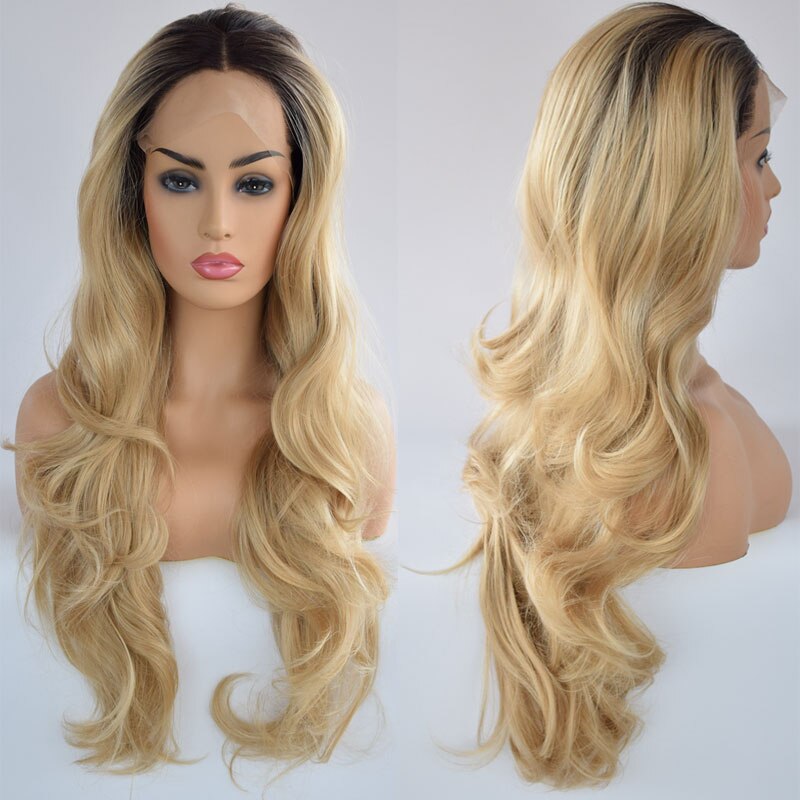 Deep Blue Black Root Ombre Wave Long Synthetic Lace Front Wig