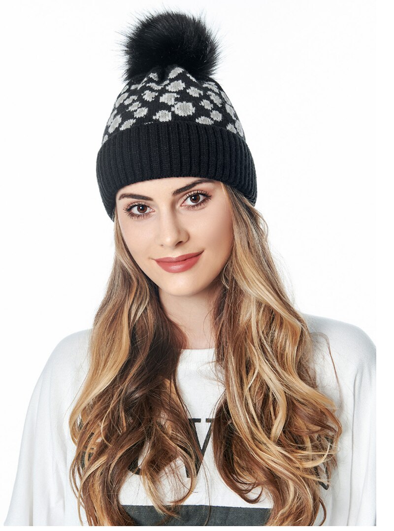 Herfst winter luipaard print wol gebreide muts warme oversized haarbal dikke warme muts pompon