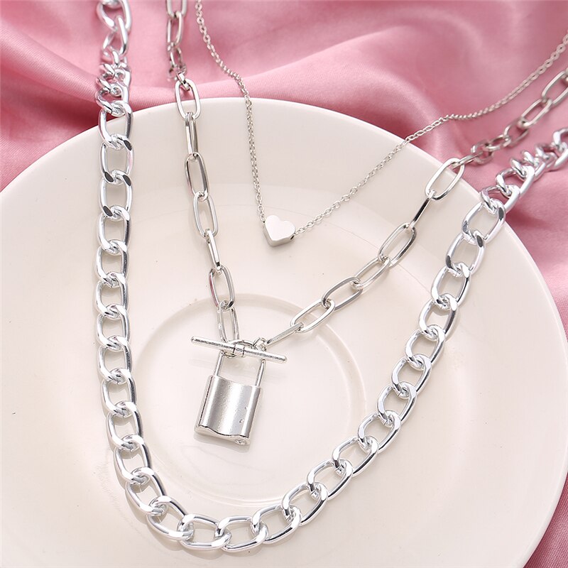 Vintage Multilayer Heart Lock Hanger Ketting Voor Vrouwen Mode Goud Zilver Kleur Dikke Ketting Sieraden