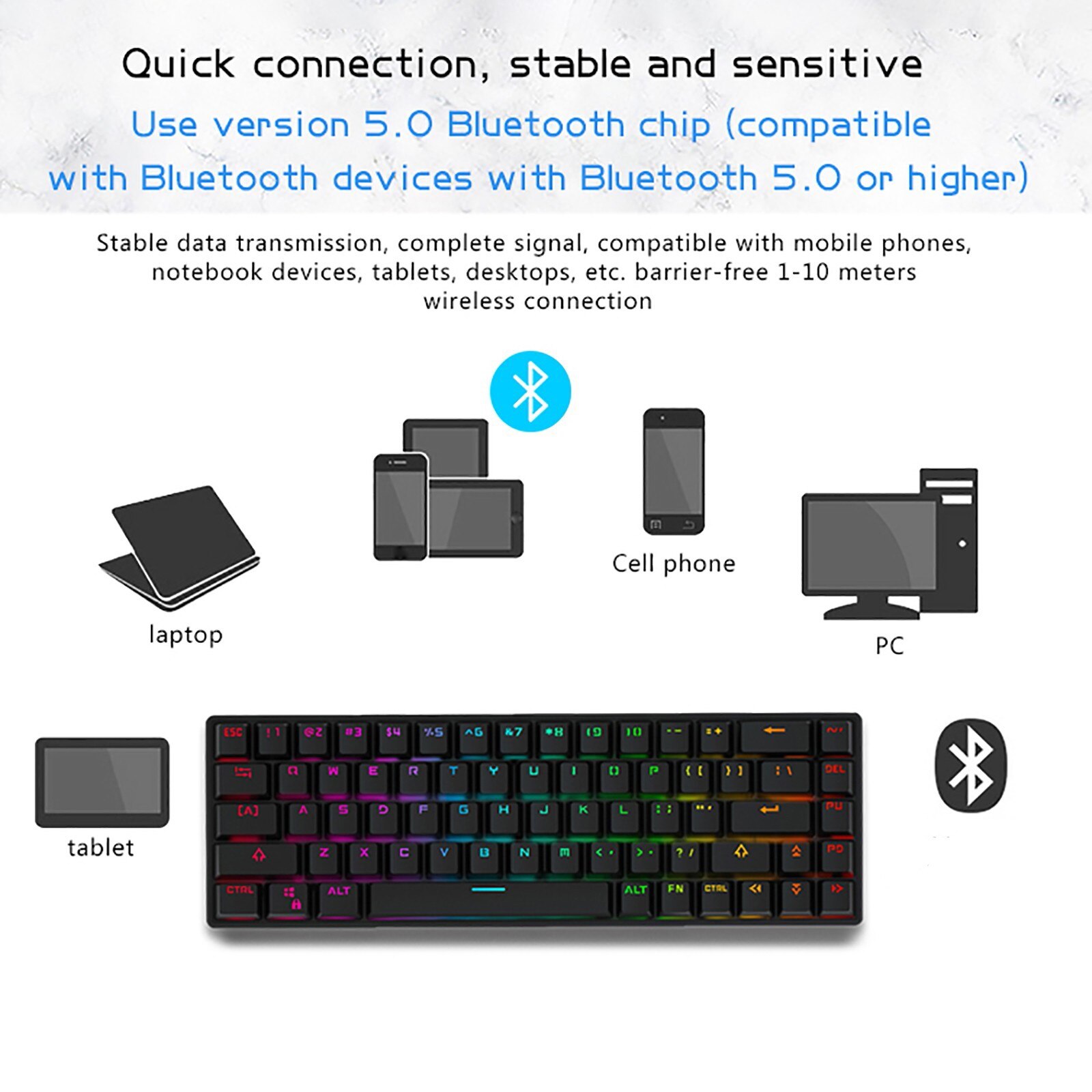 Bluetooth wireless USB wired dual-mode 68-key RGB backlit mechanical keyboard built-in rechargeable battery ergonomic
