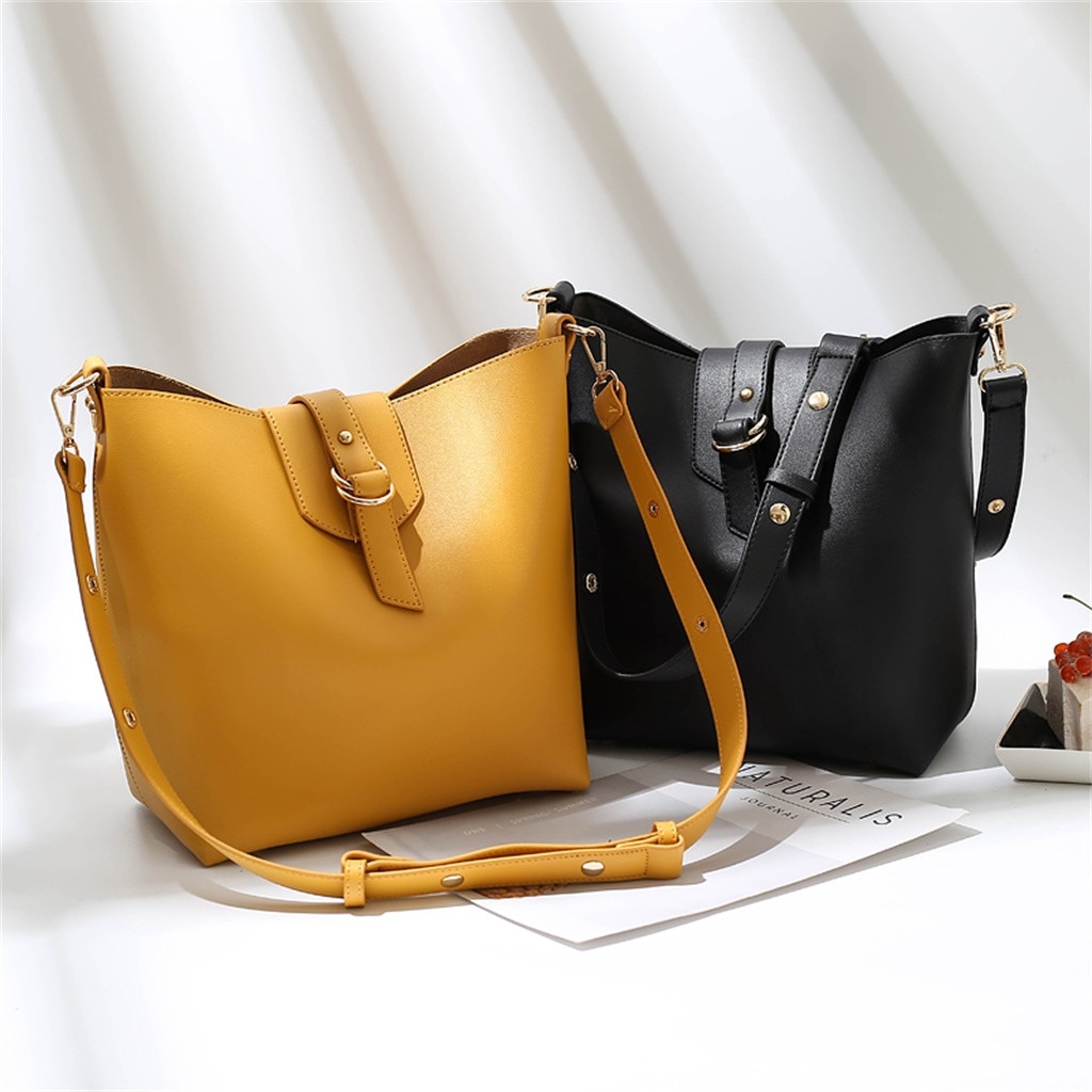 2Pcs Solid Color PU Leather Handbags Shoulder Bag For Women Ladies Yellow Large Capacity Waterproof Portable Messenger Totes #V