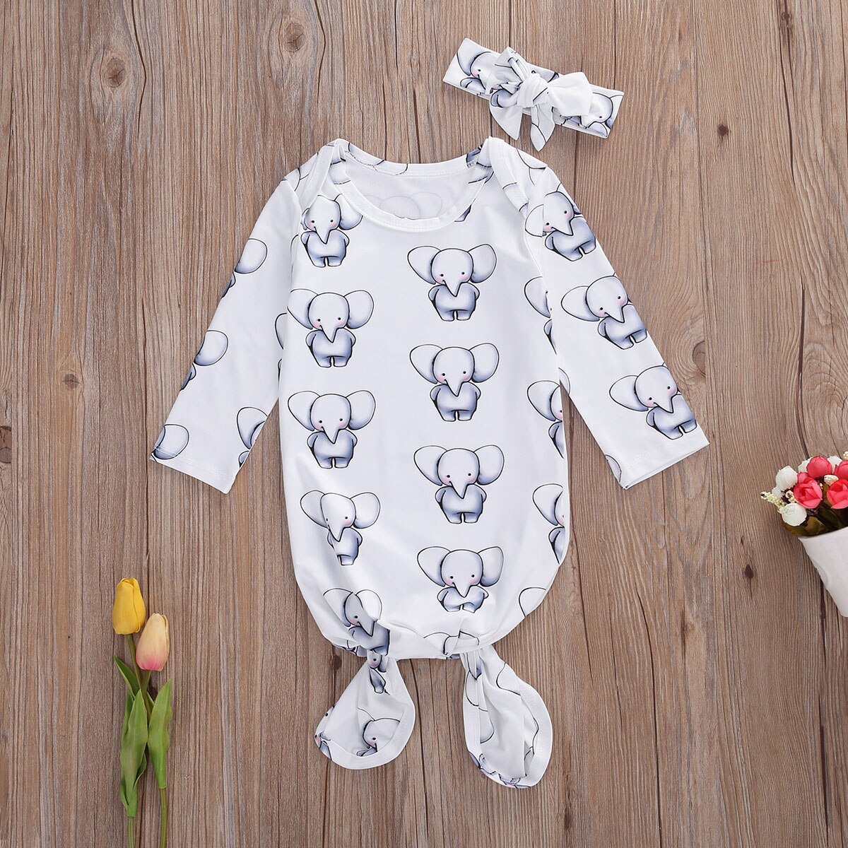 0-6M Pasgeboren Baby Meisjes Jongens Slapen Baby Lange Mouwen Cartoon Leuke Olifant Print Beddengoed Slapen Set met Boog Hoofdband