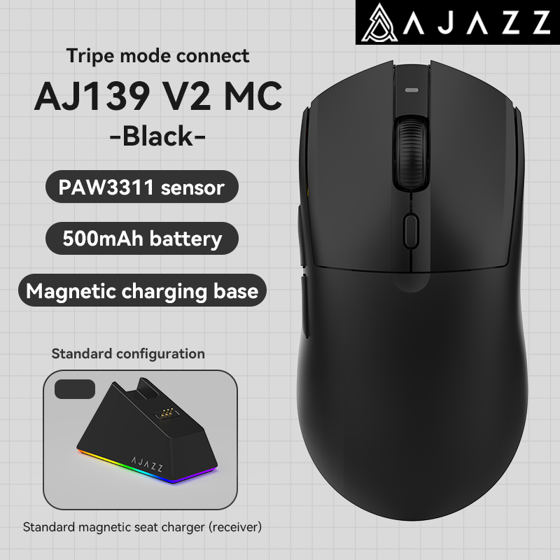 AJAZZ AJ139 V2 MC Wireless Gamer Mouse with Dock PAW3311 Gaming Sensor 12000DPI Max Tri-mode Connect Mice for Laptop PC: black