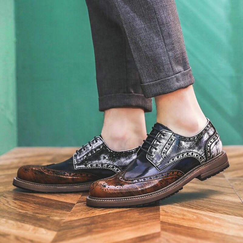 Men Mixed Colors Dress Leather Shoes Lace-Up Wedding Party Shoes Mens Brogue Business Office Oxfords Flats 789