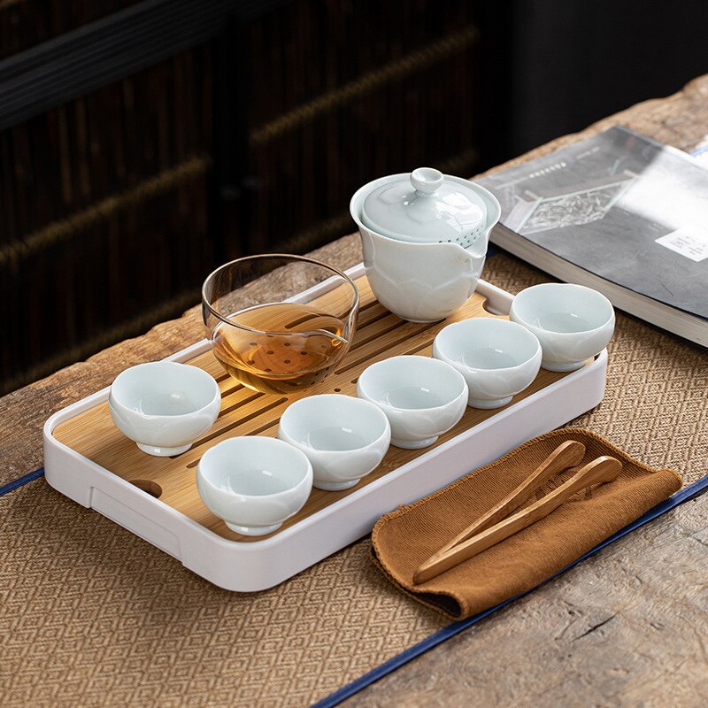 White Chinese Teaware Travel Tea Set Portable Outdoor Office Tea Plate Ceramic Flower Kung Fu Teaset Business Cool