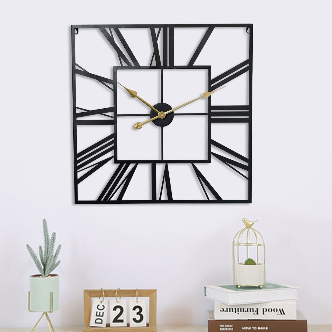 60cm 24 Inches Square Wrought Iron Hollow Roman Numeral Wall Clock Silent Hanging Clock For Home Living Room Decoration - Black
