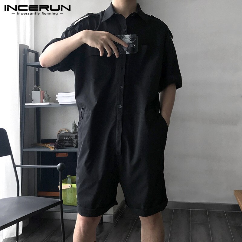 INCERUN Streetwear Männer Gesamt-spielanzug Gürtel Taschen Halbes Feste Hosen Männer Lässig Gesamt Overall Harajuku