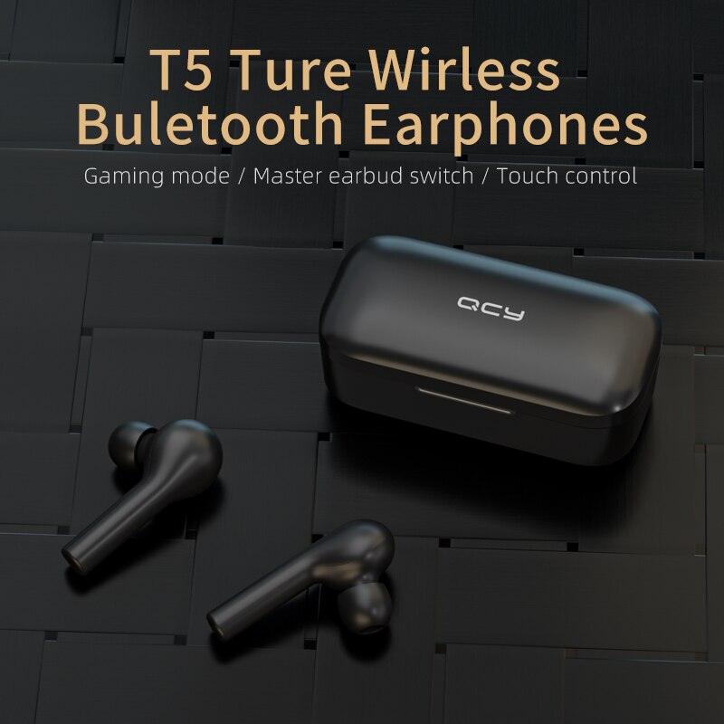 QCY T5 cuffie Bluetooth V5.0 di Tocco Senza Fili di Controllo mini di sport auricolari stereo HD parlare 380mAh della batteria di grandi dimensioni scatola di carico