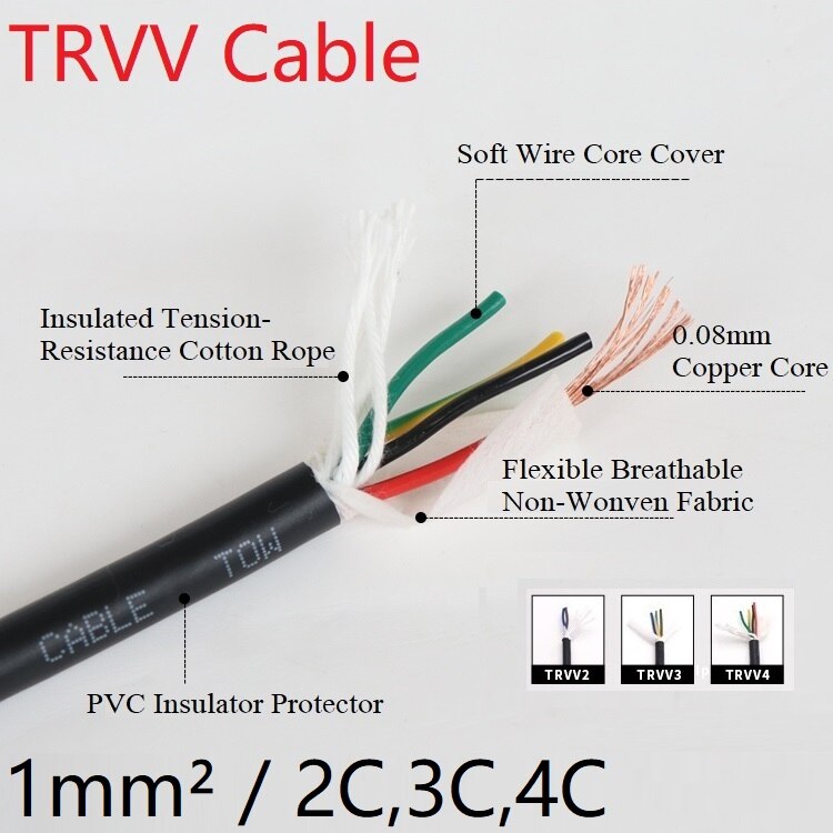 Square 1mm TRVV Towline Cable 2 3 4 Core Sheath Copper Wire Soft PVC Insulated Power Drag Chain Line Bend Resistance Black