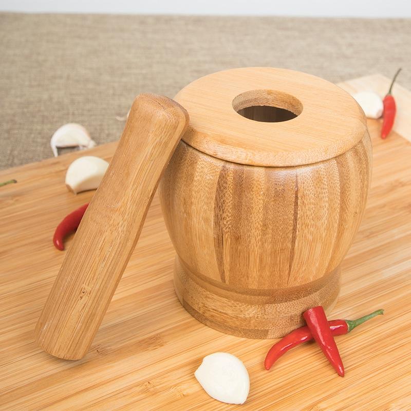 Conjunto de recipiente de moagem de pilão, de argamassa de bambu e pilão, tigela, pote de alho, tempero, pimenta, ferramentas de cozinha
