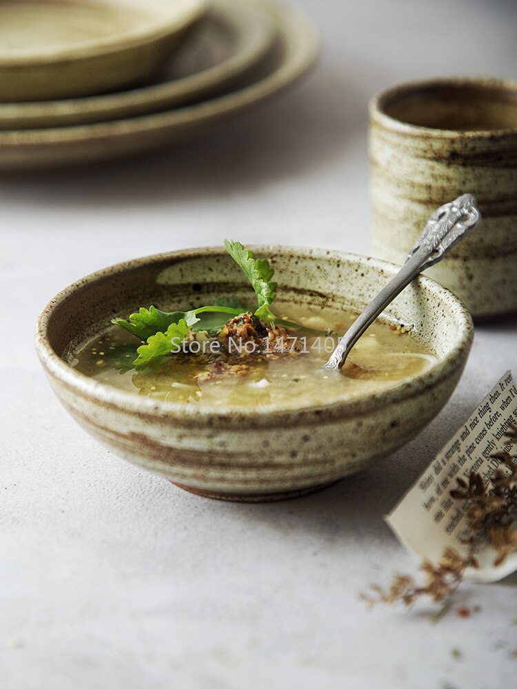 Japanese Style Handmade Ceramic Retro Home Restaurant with Fish Deep Dish Steak Plate Rice Bowl Teacup