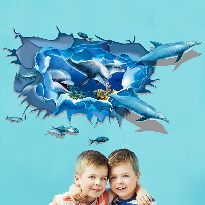 Under The Sea Wall Decals - Removable Vinyl Stickers Mural Art- 3D Dolphin Fish Blue Sea 3D Stickers Home Decor