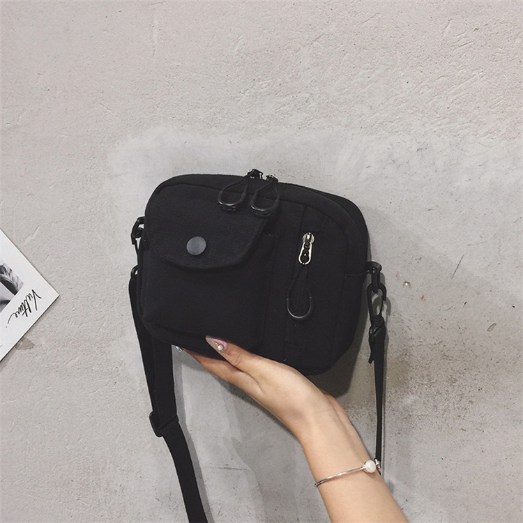 Damen-umhängetasche im koreanischen japanischen stil aus canvas, lässig, klein, schräg geschnitten, quadratisch, handytasche: Schwarz