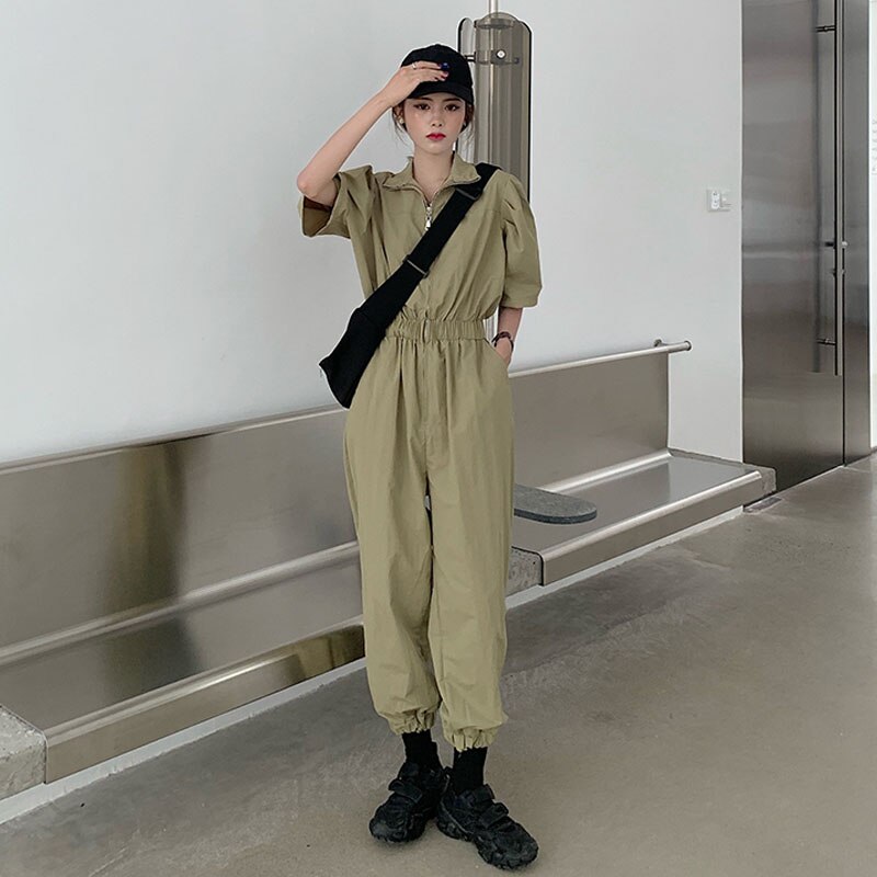 Kvinder afslappet ensfarvet jumpsuit efterår revers lynlås skjorte overalls korte ærmer kontor dame heldragt: Khaki