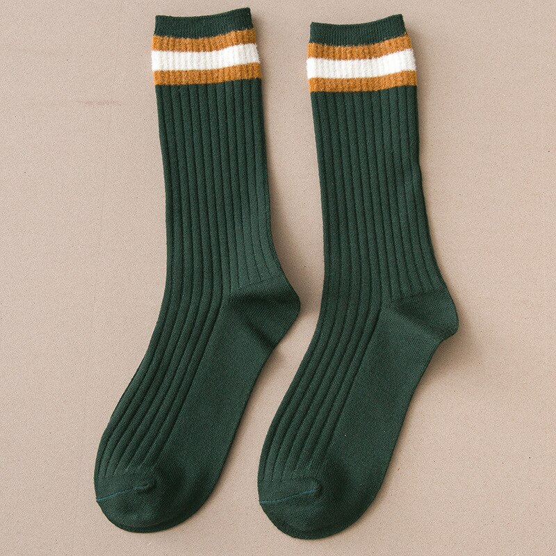 Women Mid Tube Stockings College Style Solid Stripes Socks Breathable Long Socks Bright Color School Style Slender Leg Socks: Green