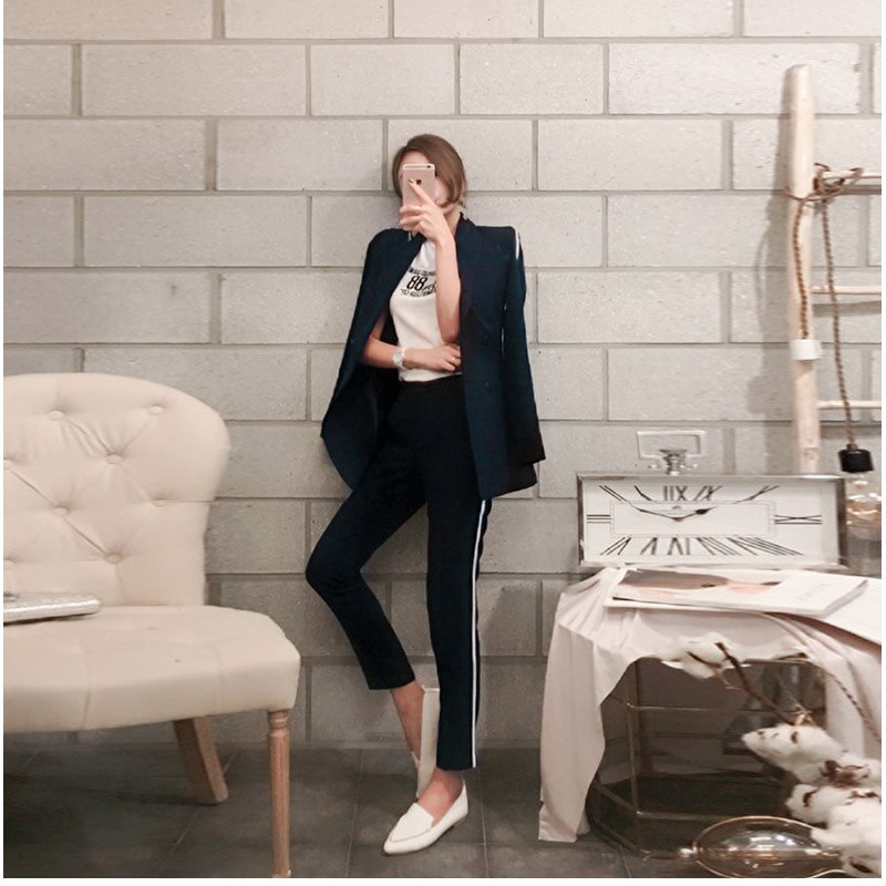 Korean version of the ladies temperament Slim simple double-breasted suit jacket pants suit