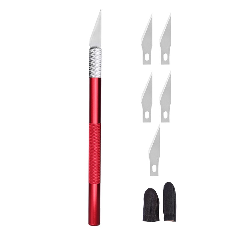 MIUSIE Engraving Cutter With 5pcs Blades And 2pcs Finger Protectors Metal Handle Leather Carving Sculpture Non-Slip Safety Knife: red