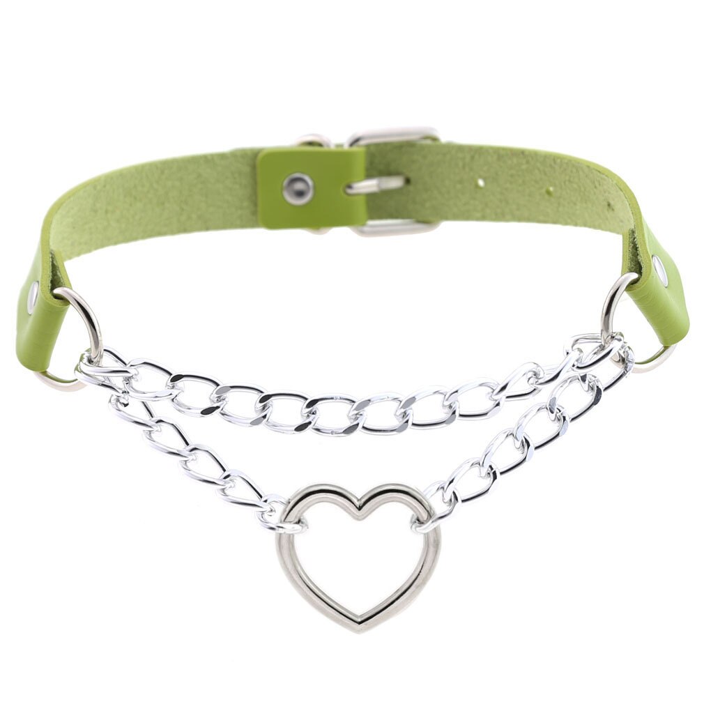 Wollet Jewelry personality PU leather peach heart love collar necklace chain heart-shaped neckband neck chain clavicle: Green