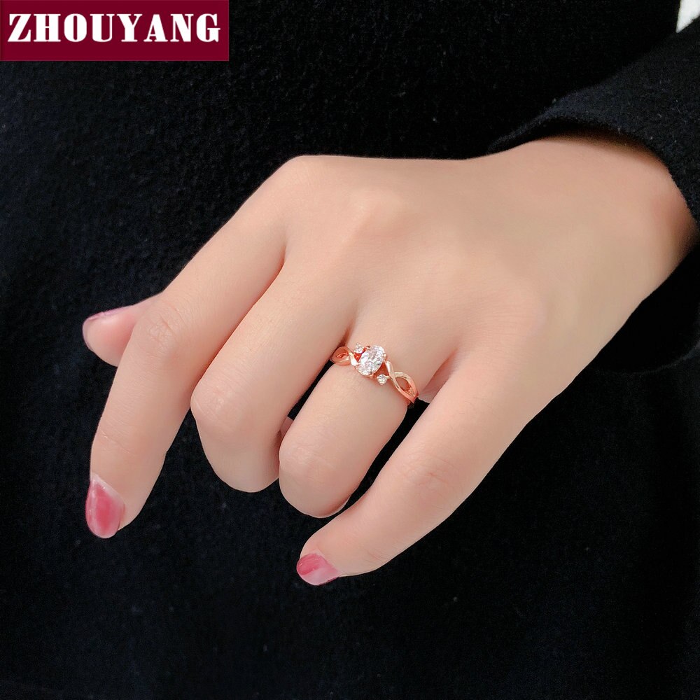 ZHOUYANG Wedding Rings For Women Simple Wavy Shape Four Claw Oval Cubic Zirconia Rose Gold Color Party Jewelry R785