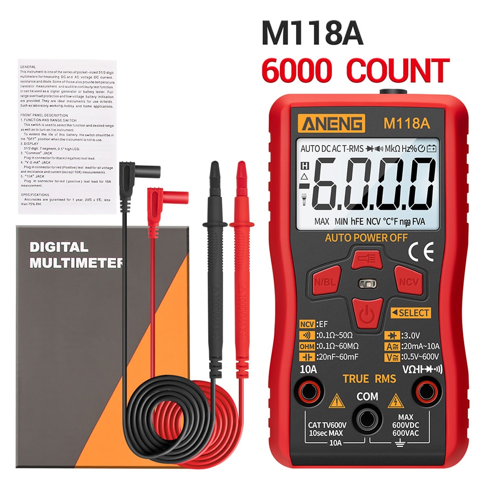 ANENG M118A retroiluminación multímetro Digital sin contacto estable pantalla LCD herramienta de medida ABS de batería inteligente para automóbil de