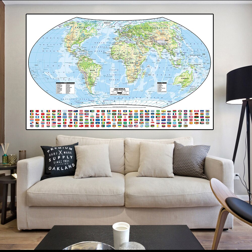 The World Political Map with National Flags Non-woven Foldable Canvas Painting 225*150cm Art Poster Wall Sticker Card Home Decor