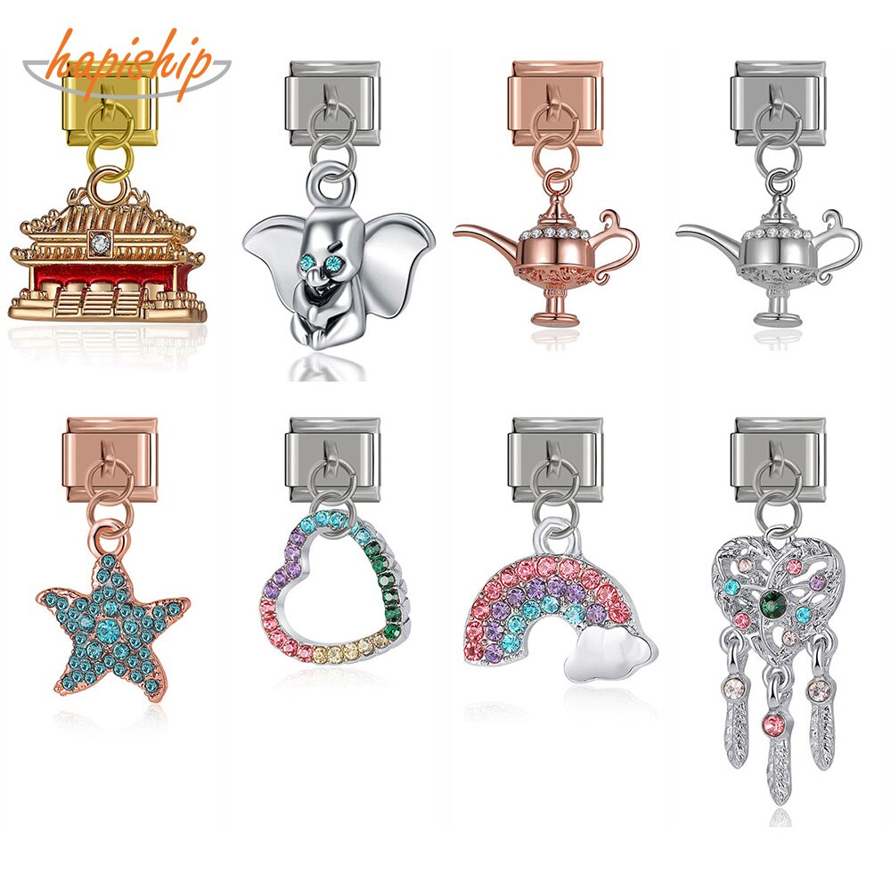 Hapiship Original Daisy Rainbow Heart Starfish Elephant Charm Links Fit 9mm Bracelet Stainless Steel DIY Making DJ329